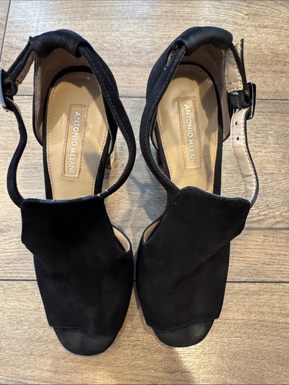 ANTONIO MELANI Black Suede Peep-Toe Ankle Strap Heels Women’s size 8, 4in heel